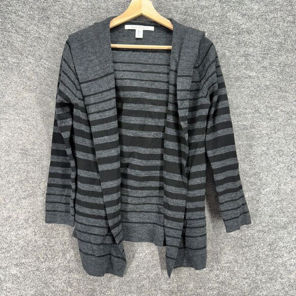 Max Studio Cardigan Women M Medium Gray Striped Open Front Long Sleeve Hooded - Picture 1 of 6